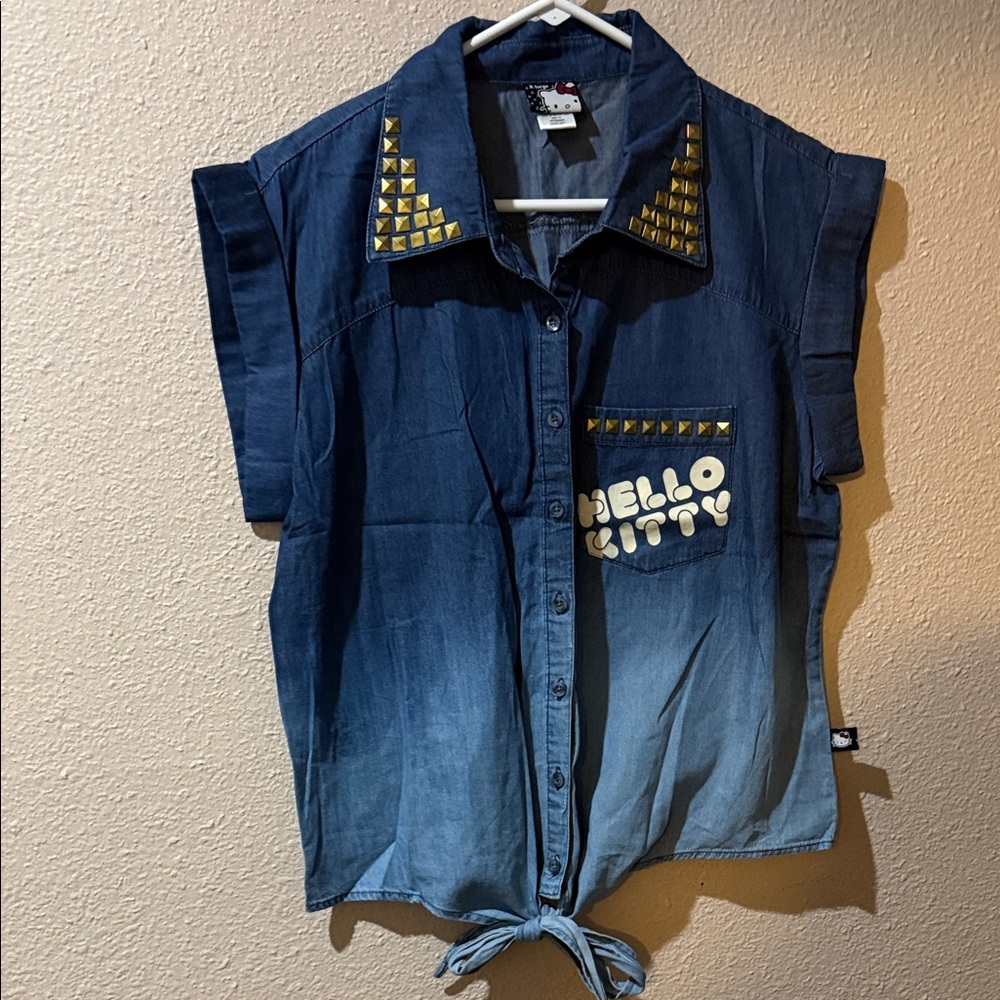 Hello Kitty Blue Ombre Stud-Accent Button Front Tie Hem Top